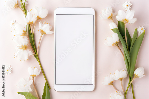 Mobile phone and tulip flowers on a pastel pink background. Free space on the screen for product placement or advertising text. #673944482