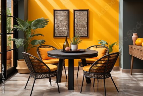 A round dining table and chairs in a vibrant yellow room. It's a bohemian interior design for a modern dining room