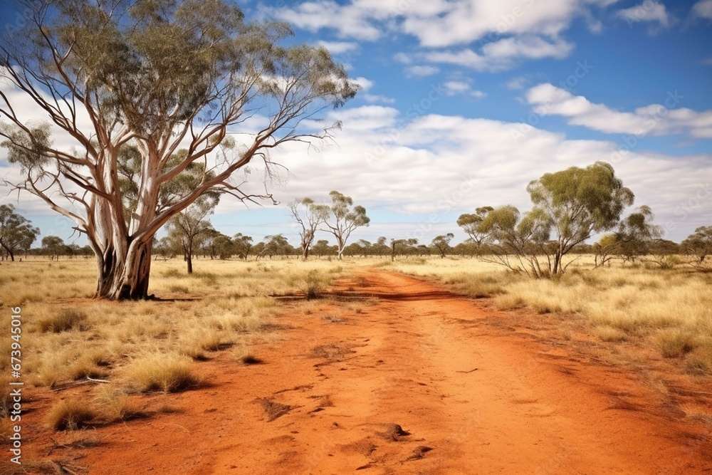 Desert landscape in Outback Australia with gum trees. Generative AI
