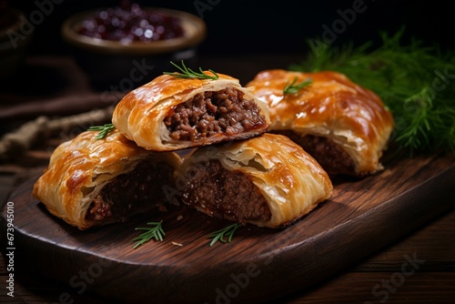 Detailed view of delicious beef-filled pastries on a rustic wooden surface. Generative AI