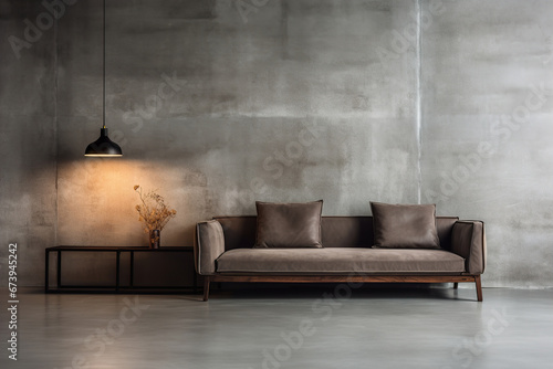 Interior mock up, loft style. Empty concrete wall in modern living room. Copy space for your artwork, picture, poster. Industrial style interior design. Apartment or hotel room.