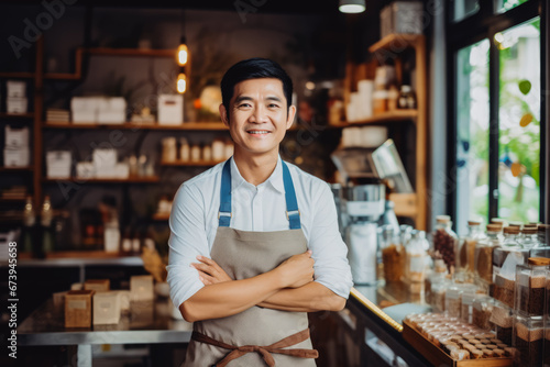 Chinese small business owner smiling cheerfully in his shop. Portrait of proud confident male shop owner in front of stacked shelves.