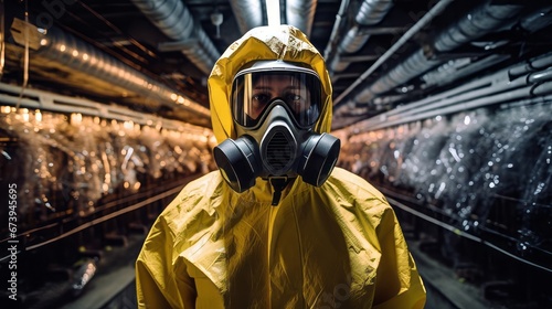 A worker wearing a radiation suit in a nuclear facility