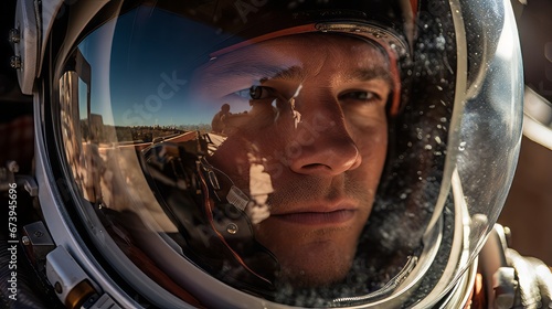 Close up of a person wearing a helmet