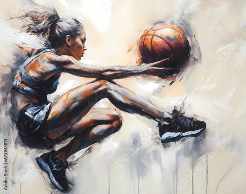 oil painting of a woman playing basketball