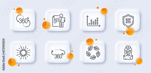 360 degree, Organic tested and Qr code line icons pack. 3d glass buttons with blurred circles. Job interview, Coronavirus, Dot plot web icon. 360 degrees, Nurse pictogram. Vector