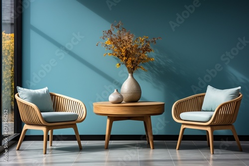 A round wooden dining table and barrel chairs against a window and blue wall. It's either a Scandinavian or mid-century interior design for a modern living room photo