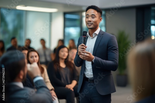 Black Asian Male Presenter Teaching Marketing Background Generative AI photo