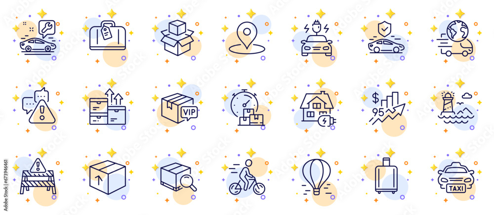Outline set of Lighthouse, Hand baggage and Cyclist line icons for web app. Include Warning, Vip parcel, Package pictogram icons. Transport insurance, Taxi, Warning road signs. Vector Outline set of Lighthouse, Hand baggage and Cyclist line icons for web app. Include Warning, Vip parcel, Package pictogram icons. Transport insurance, Taxi, Warning road signs. Vector