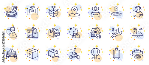 Outline set of Lighthouse, Hand baggage and Cyclist line icons for web app. Include Warning, Vip parcel, Package pictogram icons. Transport insurance, Taxi, Warning road signs. Vector