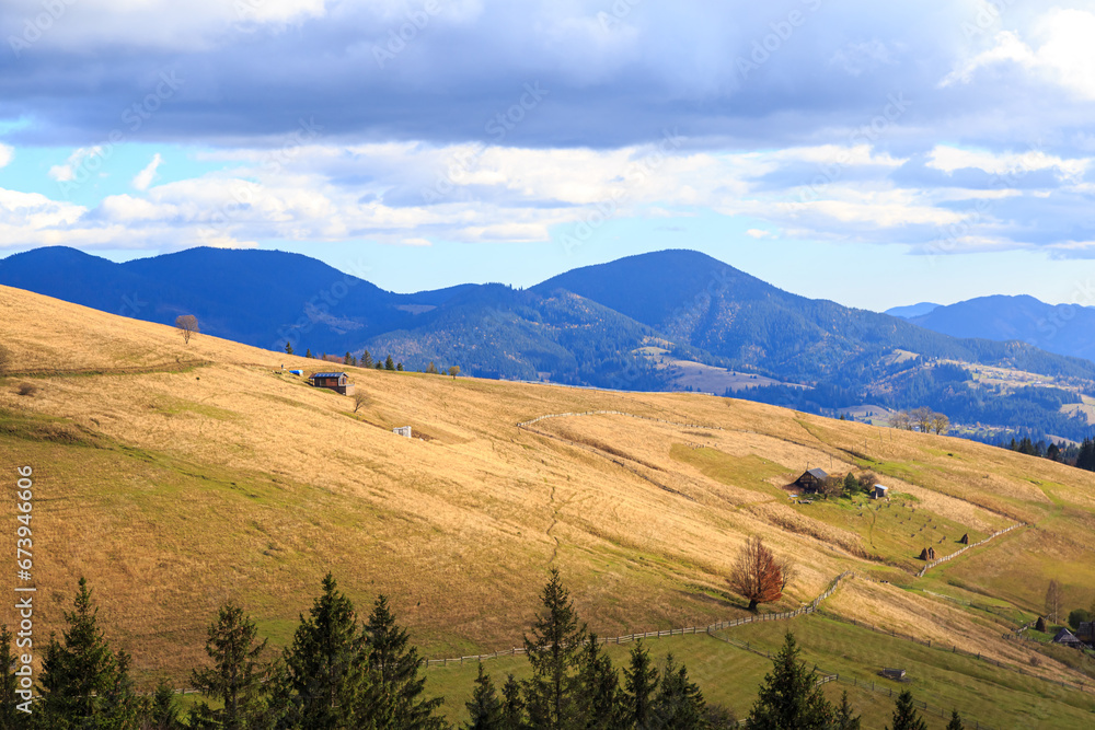 Kostrycha Mount Trail. Carpathians. Ukraine. Colorful autumn in the Carpathian mountains.