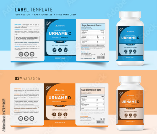 Vitamin label sticker design and natural food supplement banner packaging, bottle jar label, medicine health nutrition tablet product box print template.