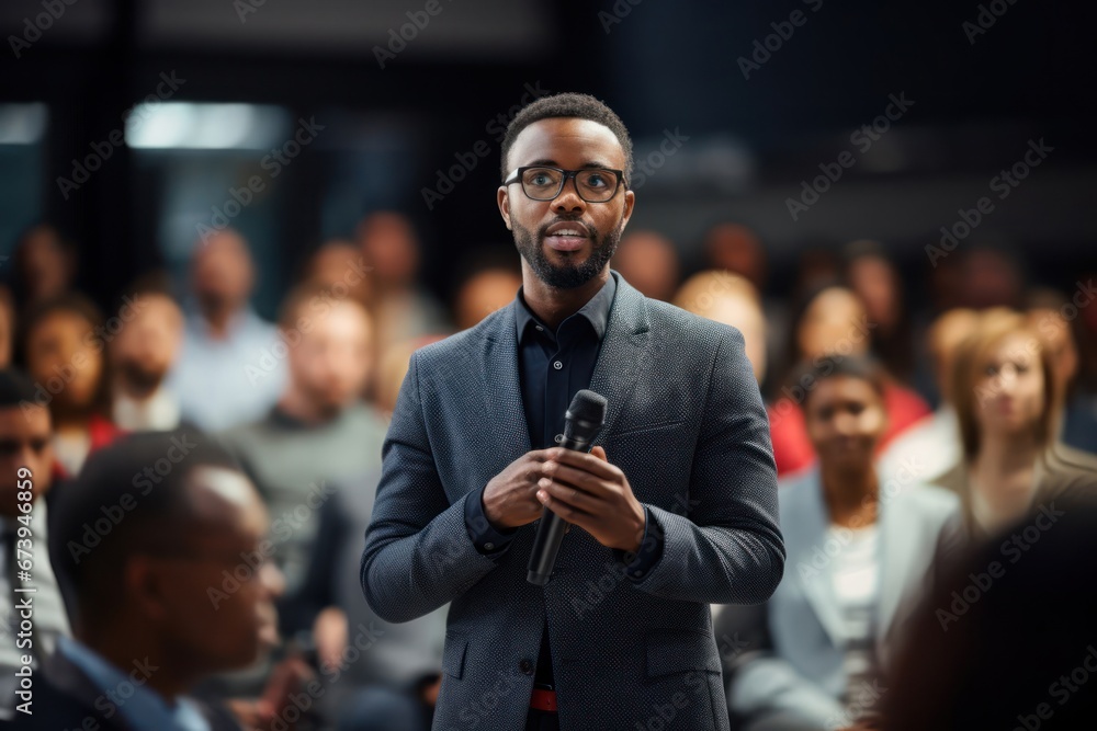 Black Male Business Person Teaching Corporate Forum Generative AI - obrazy, fototapety, plakaty 