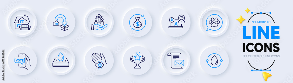 Furniture moving, Video conference and Online voting line icons for web app. Pack of Mail letter, Waterproof mattress, Meditation eye pictogram icons. Pets care, Victory, Change money signs. Vector