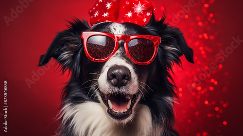Border Collie dog with red glasses and red glitter background. New year invitation card © jcalvera