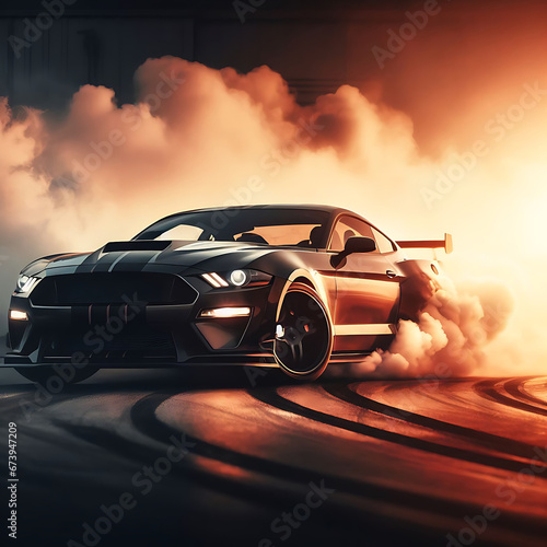 Photo luxury sport car drifting on city street racing car in smoke from burning tires generative ai
