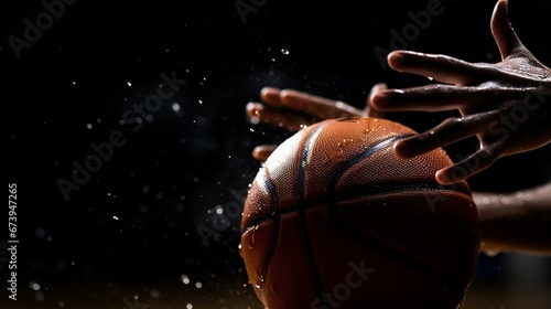 AI generated illustration of a male basketball player holding a ball covered in water droplets photo