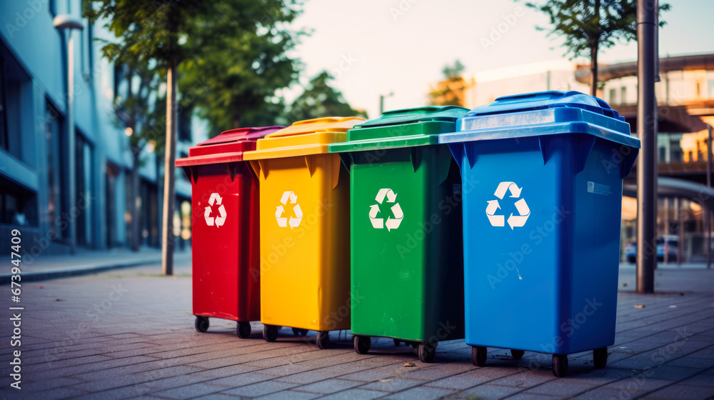 A group of colorful garbage cans on the street. A group of colorful garbage cans on the street.