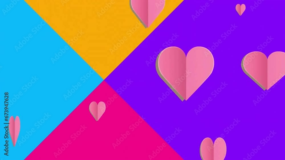 Animation of multiple heart icons over multicolored triangles against white background Animation of multiple heart icons over multicolored triangles against white background