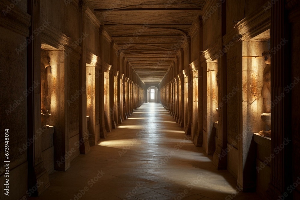 Dim hallway in ancient structure lit by handheld lights. Generative AI