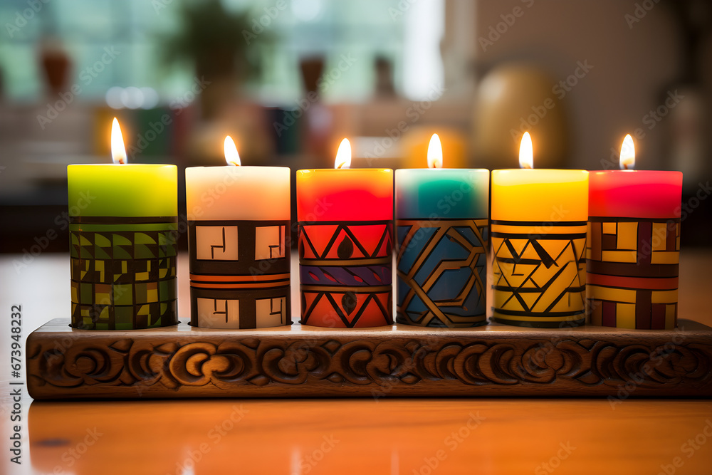handcrafted wooden stand holding kwanzaa candles - obrazy, fototapety, plakaty 