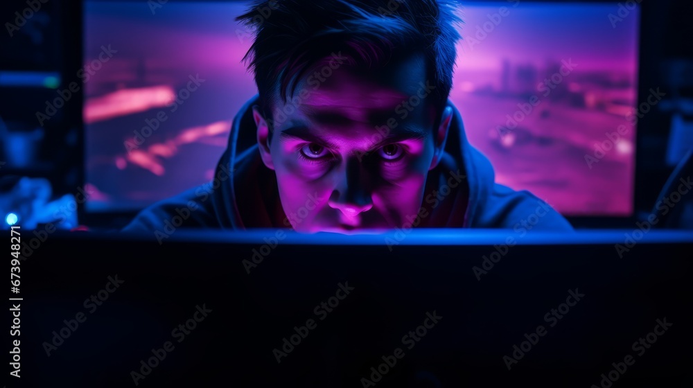Gamer's face illuminated by the glow of a screen Gamer's face illuminated by the glow of a screen