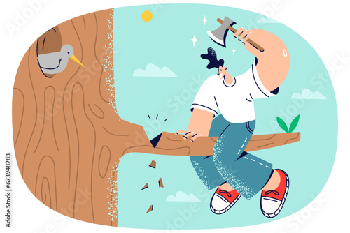 Stupid man cutting branch on which he sit