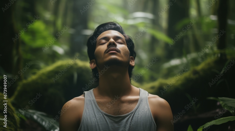 A person doing pranayama breathing exercises in forest A person doing pranayama breathing exercises in forest