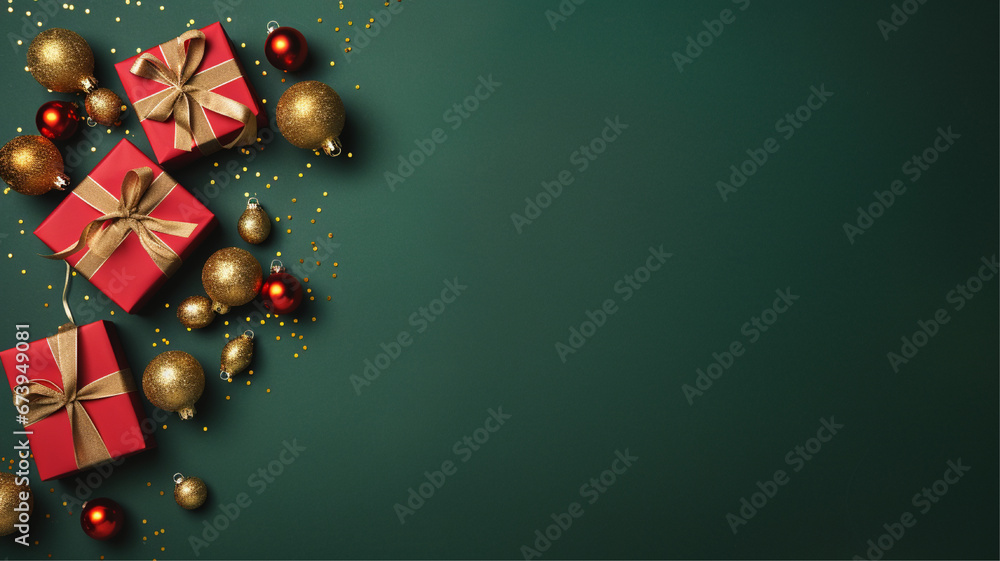 christmas gifts on green background with christmas trees, decorated christmas tree with red and green gift bags and christmas candy
