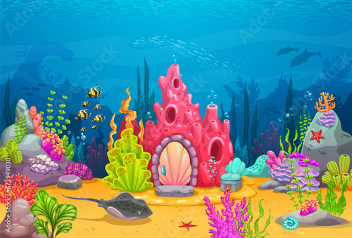 Cartoon underwater landscape with fairytale coral house building, vector undersea background. Fairy mermaid or ocean creature dwelling shelter in coral with dolphins, stingray and starfish