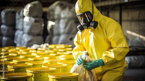A worker handling radioactive materials with protective gear photo