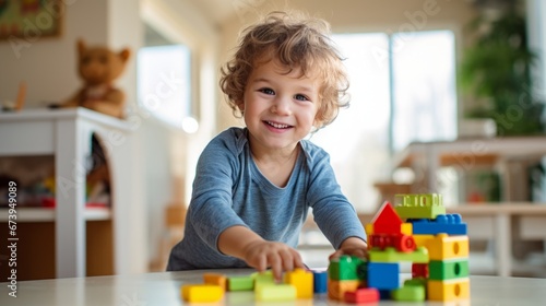 A young boy playing with building blocks in a preschool photo