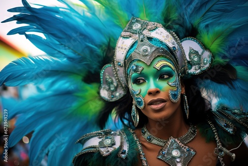 Primer plano de mujeres latinas celebrando el carnaval en su comunidad con espectacular maquille. Reinas del carnaval.  photo