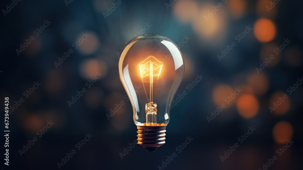 Single light bulb light up at night with blurred background. AI generated image Single light bulb light up at night with blurred background. AI generated image