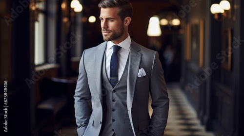 A fashionable man in a tailored suit and tie photo