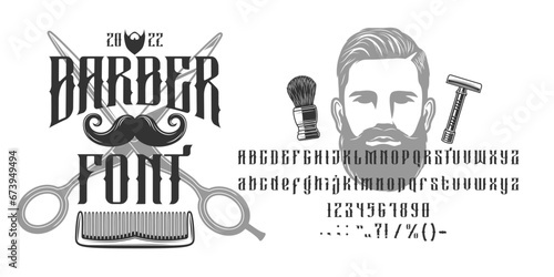 Old barber shop font, vintage type, western elegant typeface, haircut english alphabet. Barbershop vector typography letters and numbers, retro american Wild West abc with mustache, barber scissors