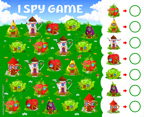 I spy game cartoon fairytale house buildings. Kids vector riddle How many fantasy dwellings on green summer meadow. Strawberry, pear, watering can and apple, cabbage, eggplant or tea cup fairy homes