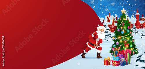 Christmas santa with big bag of presents, winter town landscape. Cartoon vector Father Noel with red sack frame in snowy countryside. Xmas greeting card template with funny Santa deliver presents