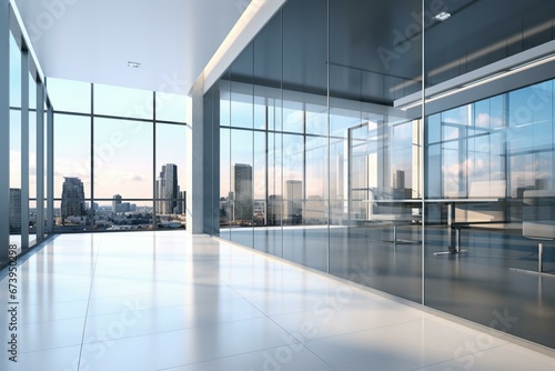 Modern office corridor with empty display  furniture  glass partition  and city view. Rendered in three dimensions. Generative AI
