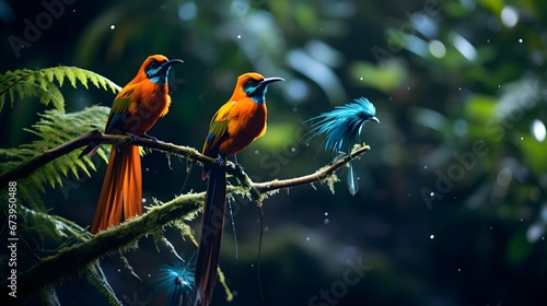 beautiful view of the long-tailed bird of paradise in the forest