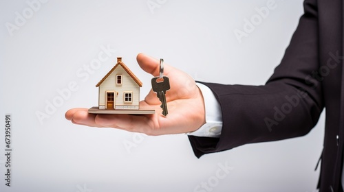 A man real estate agent holding a tiny house and key in white background. AI generated