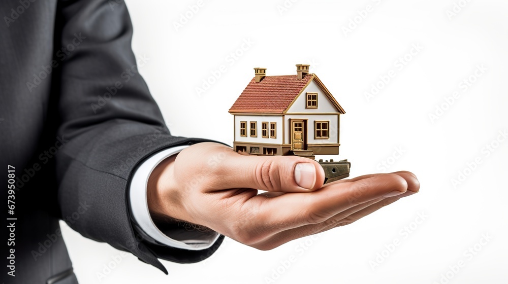 A man real estate agent holding a tiny house and key in white background. AI generated A man real estate agent holding a tiny house and key in white background. AI generated