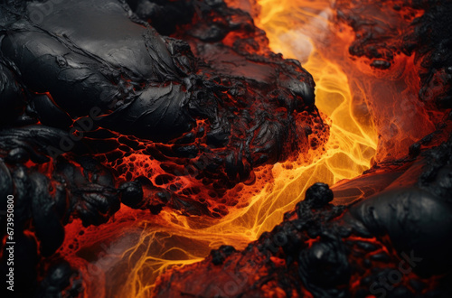 Red Orange vibrant Molten Lava flowing onto grey lavafield and glossy rocky land near hawaiian volcano with vog on background.