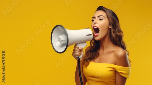 Portrait of young woman holding megaphone on yellow background. AI generated