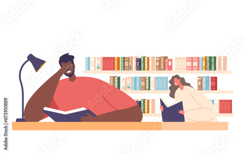 Characters Read In A Quiet Library, People Immerse Themselves In Books, Their Faces Illuminated By Soft Reading Lamps