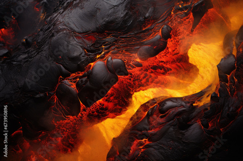 Red Orange vibrant Molten Lava flowing onto grey lavafield and glossy rocky land near hawaiian volcano with vog on background. photo