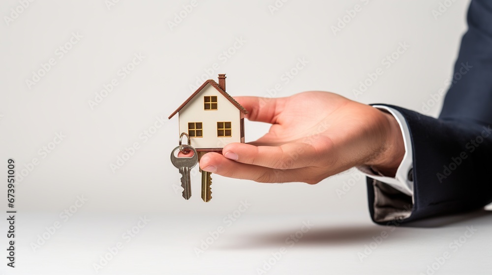 A man real estate agent holding a tiny house and key in white background. AI generated A man real estate agent holding a tiny house and key in white background. AI generated