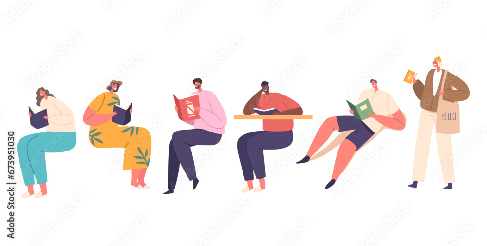 Obraz premium Set of Isolated Male and Female Characters Reading in Library, People Engrossed In Books, Minds Lost In The Pages