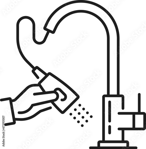 Tap kitchen and bathroom pull down faucet outline icon. Home bath modern tap, toilet sink faucet or bathroom watertap outline vector icon. House bathtub water mixer thin line sign or symbol