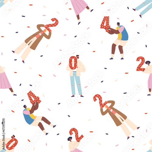 Seamless Pattern Featuring Diverse Male and Female Characters Holding The Numbers 2024, Creating A Festive Design